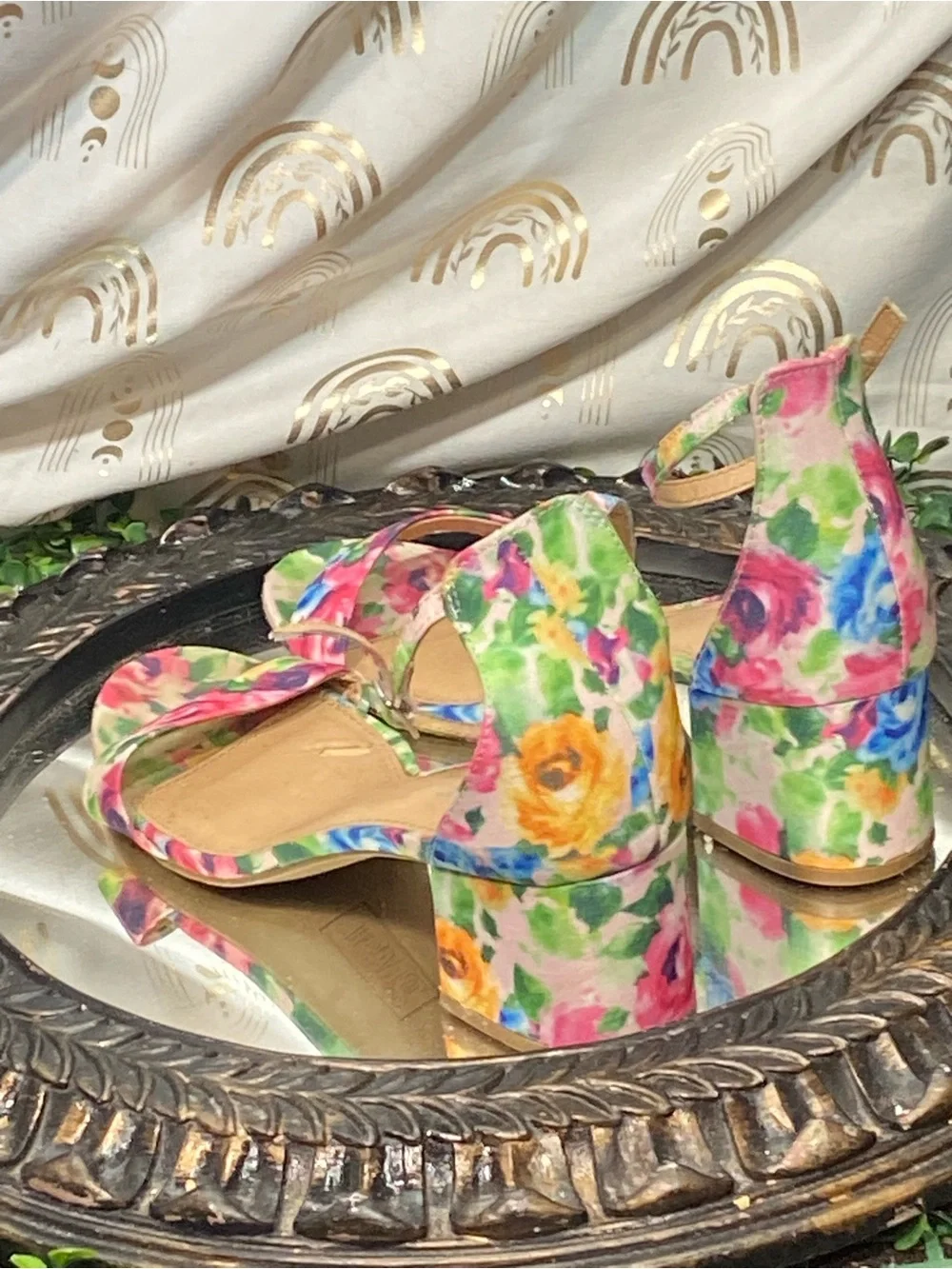 Brash Floral Multi-Color Block Heel Ankle-Strap Sandals